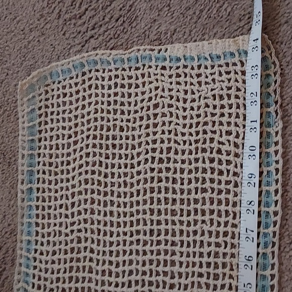 Handmade Vintage Crochet Table Runner With Blue Edge Ribbon Design - Picture 3 of 8